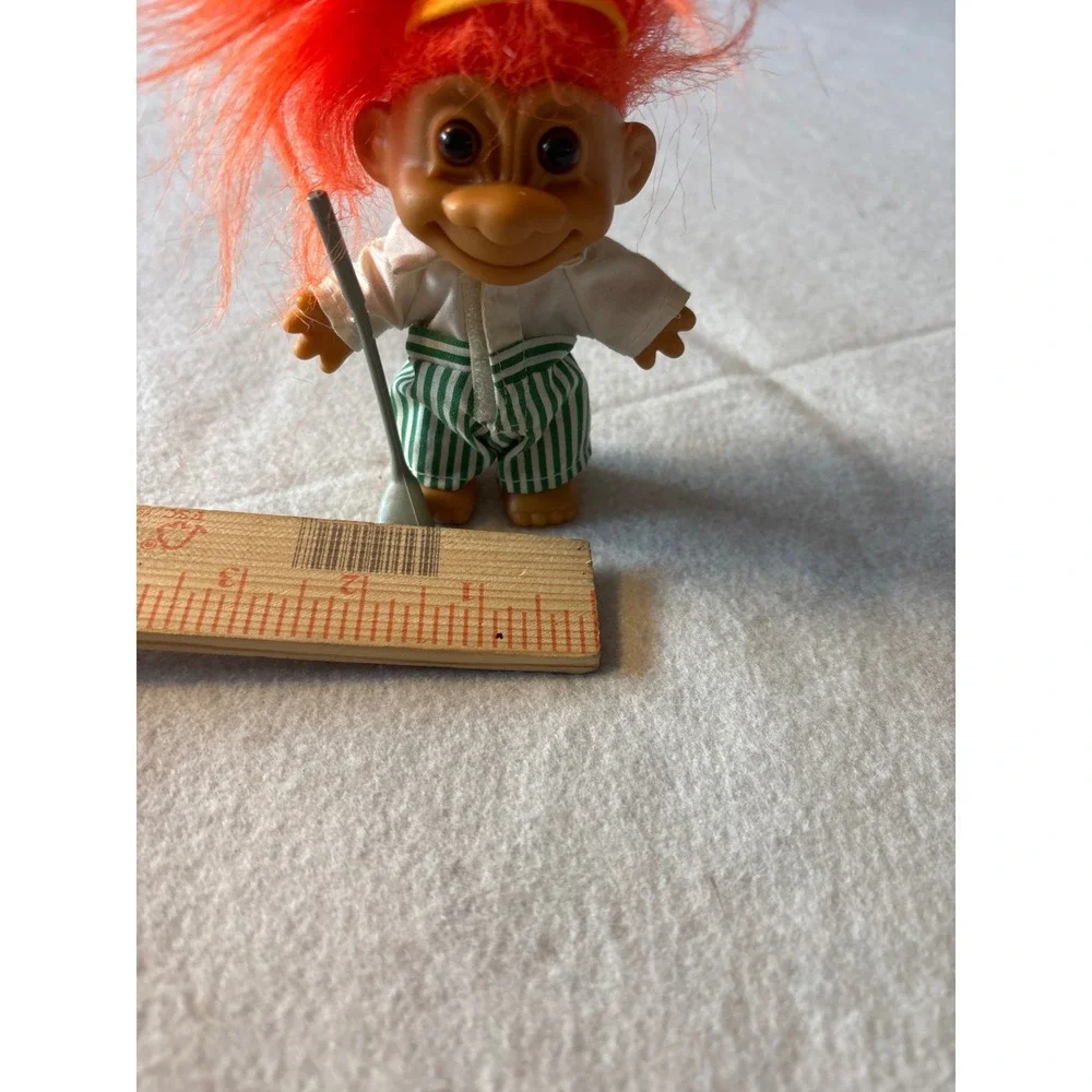 Vintage Troll Doll Golfer Orange Hair Green Striped Pants Golf Club Toy